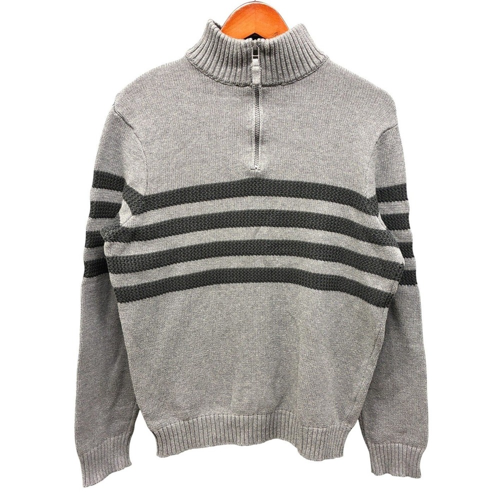 Tahari 1/4 Zip Sweater Men's Medium Gray Striped Pullover Cotton Knit Casual